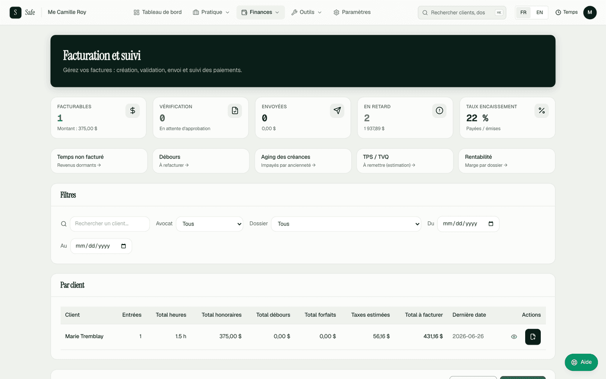 Tableau de suivi de la facturation dans SAFE.