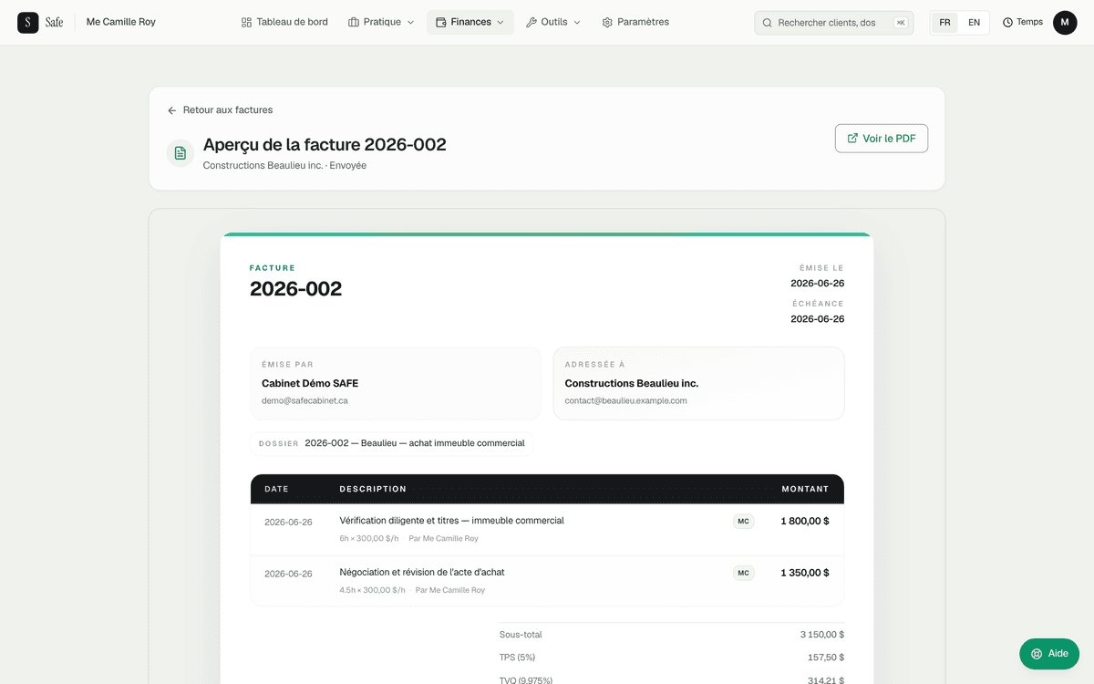 Aperçu d'une facture dans SAFE, avec lignes de temps, TPS et TVQ en dollars canadiens.