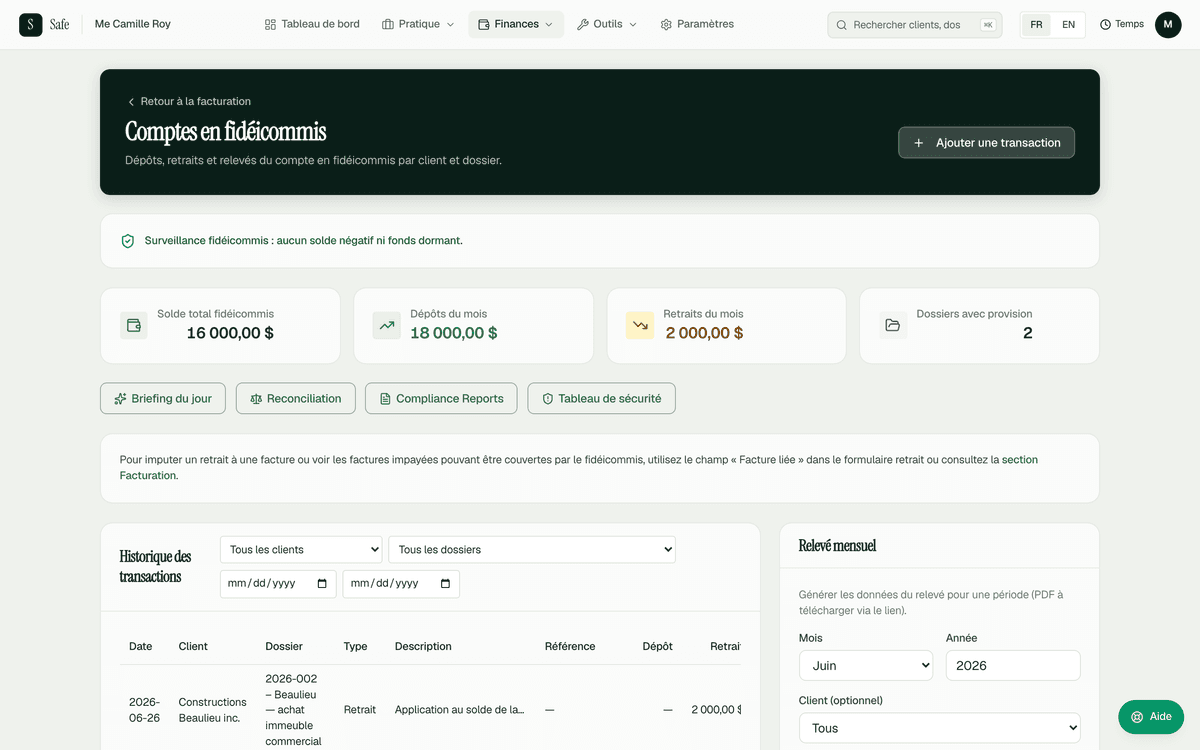 Écran des comptes en fidéicommis dans SAFE, avec solde total et mouvements.